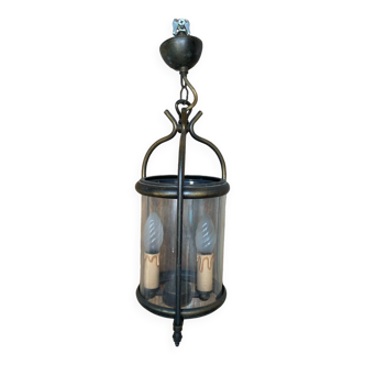 Antique brass lantern pendant light 2 lights + vintage glass cylinder