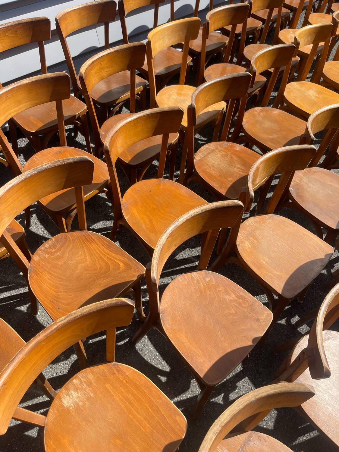 Lot of 60 wooden bistro chairs from the Baumann 1970s