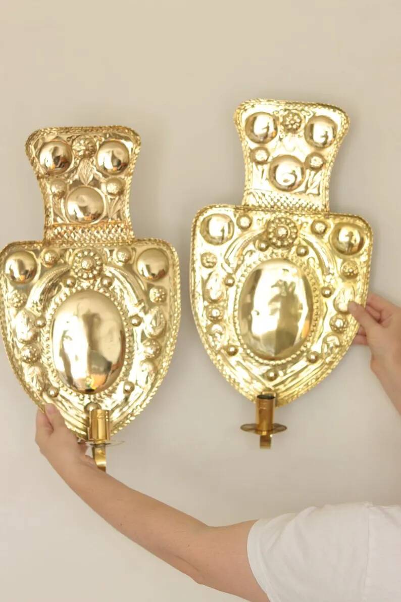 Large Baroque Style Mid-Century Brass Swedish Sconces