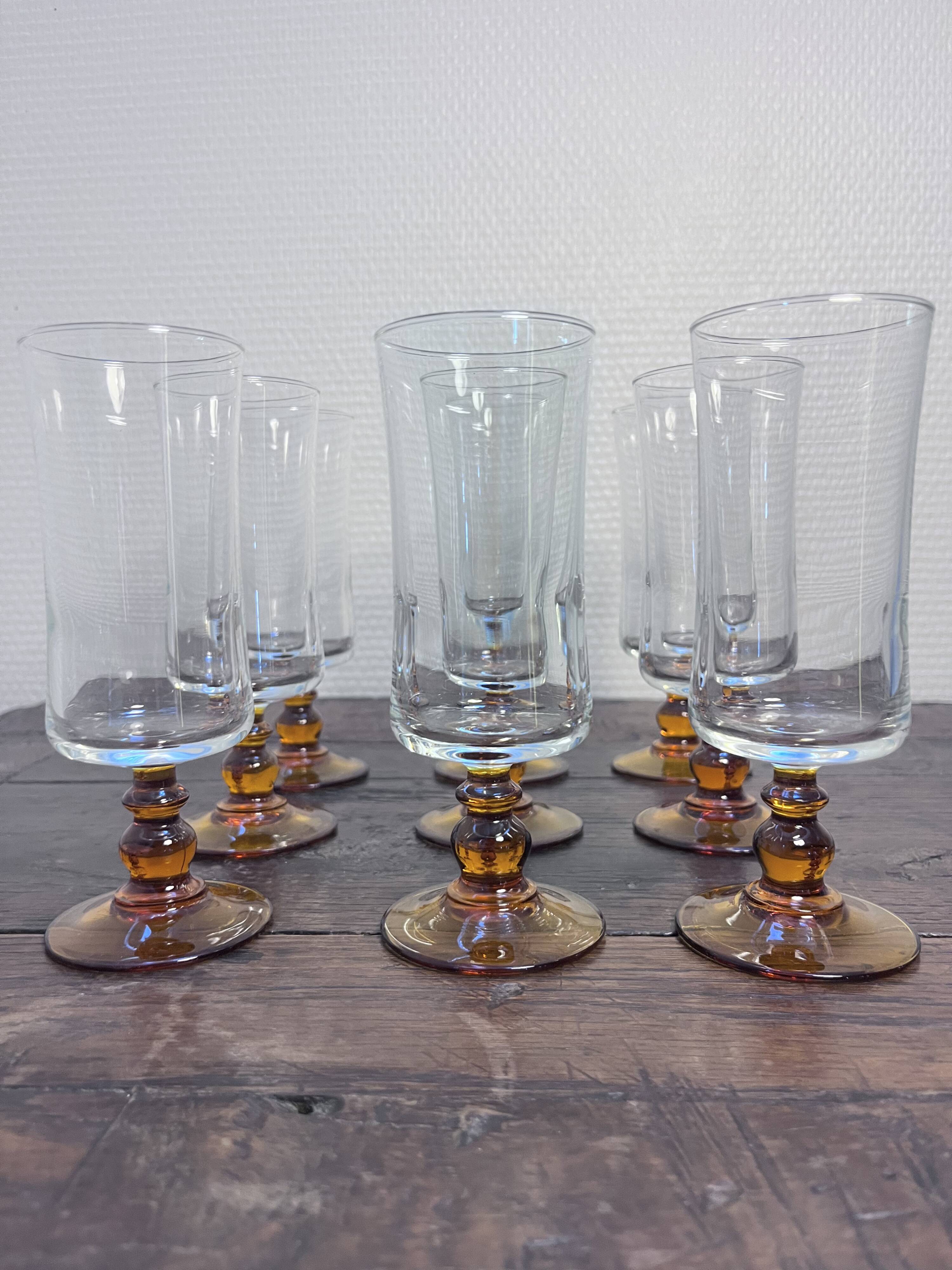Set of 9 Vintage Amber Stemmed Glasses – 1970s