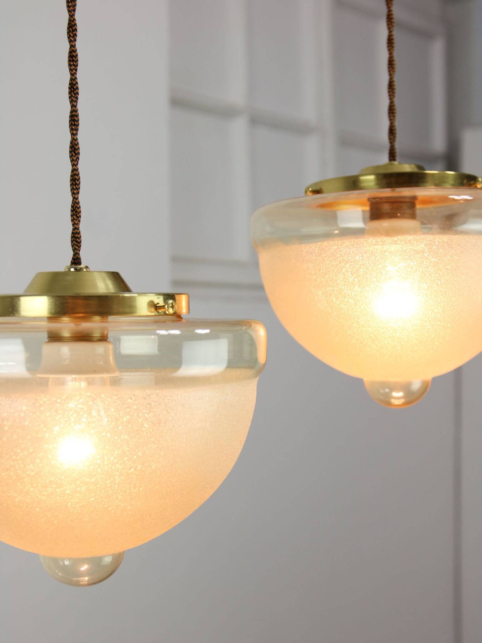 Mid-century Italian Brass and Glass Pendant Lamps, set of 2