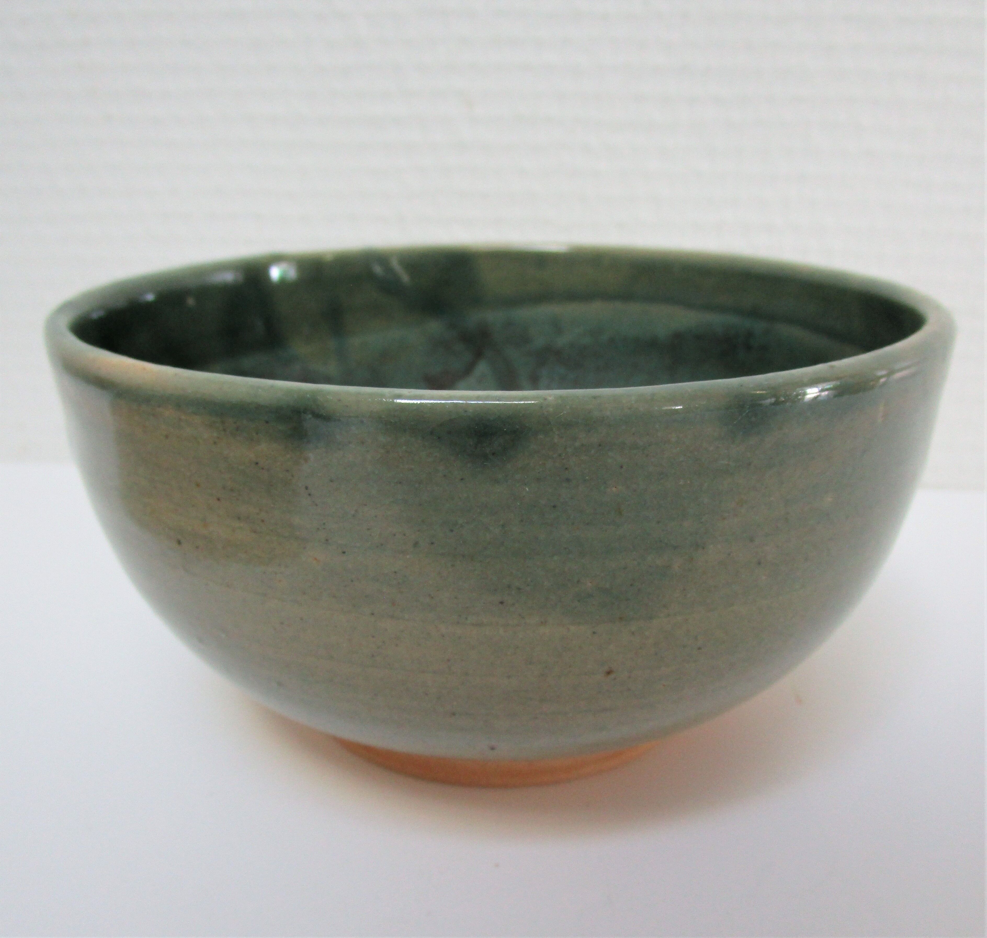 Bowl and round ceramic dish enamelled blue green brown vintage signed vintage