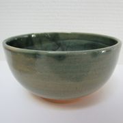 Bowl and round ceramic dish enamelled blue green brown vintage signed vintage