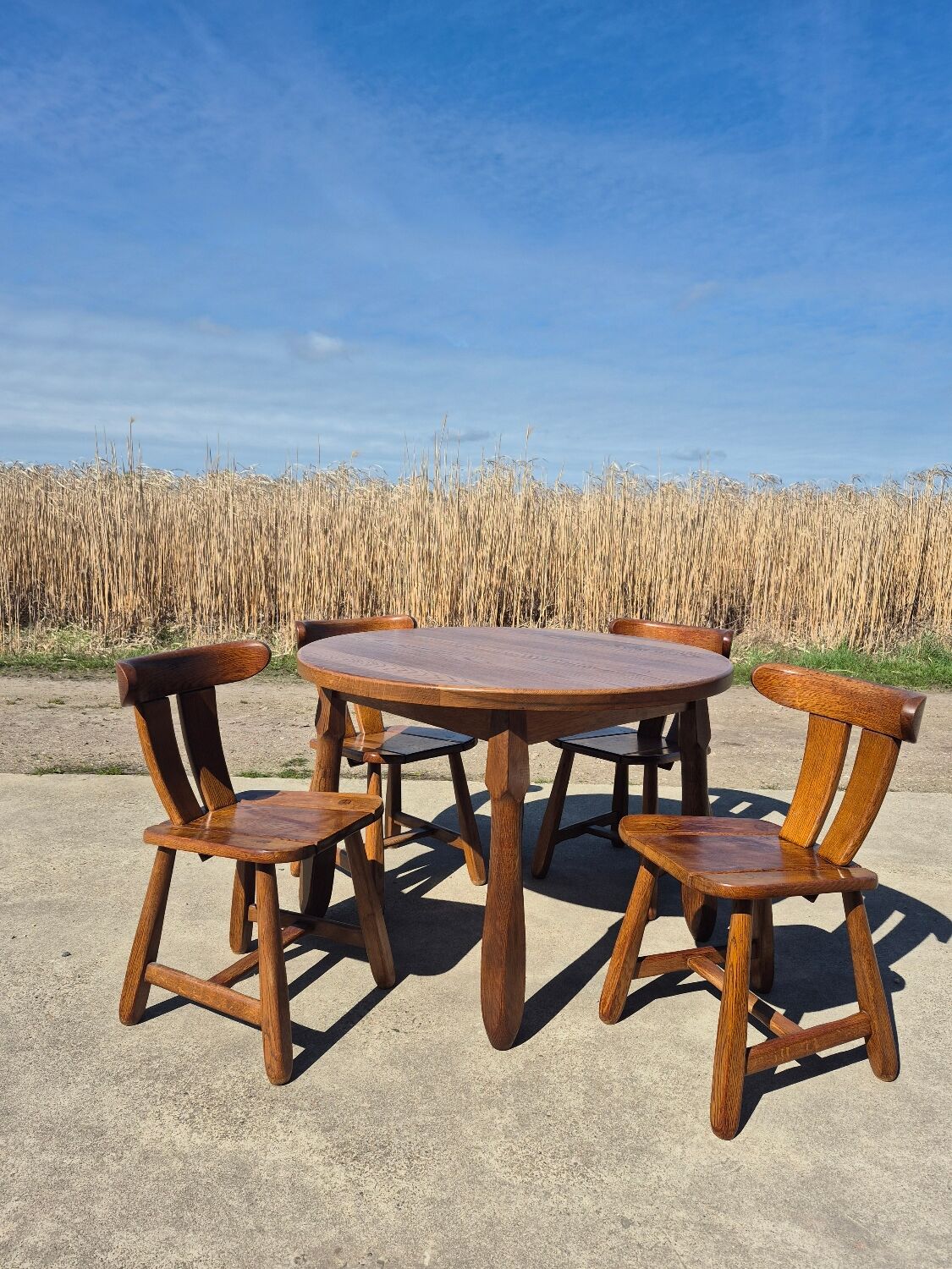 Brutalist set solid oak round dining table 4 chairs Depuydt Belgium