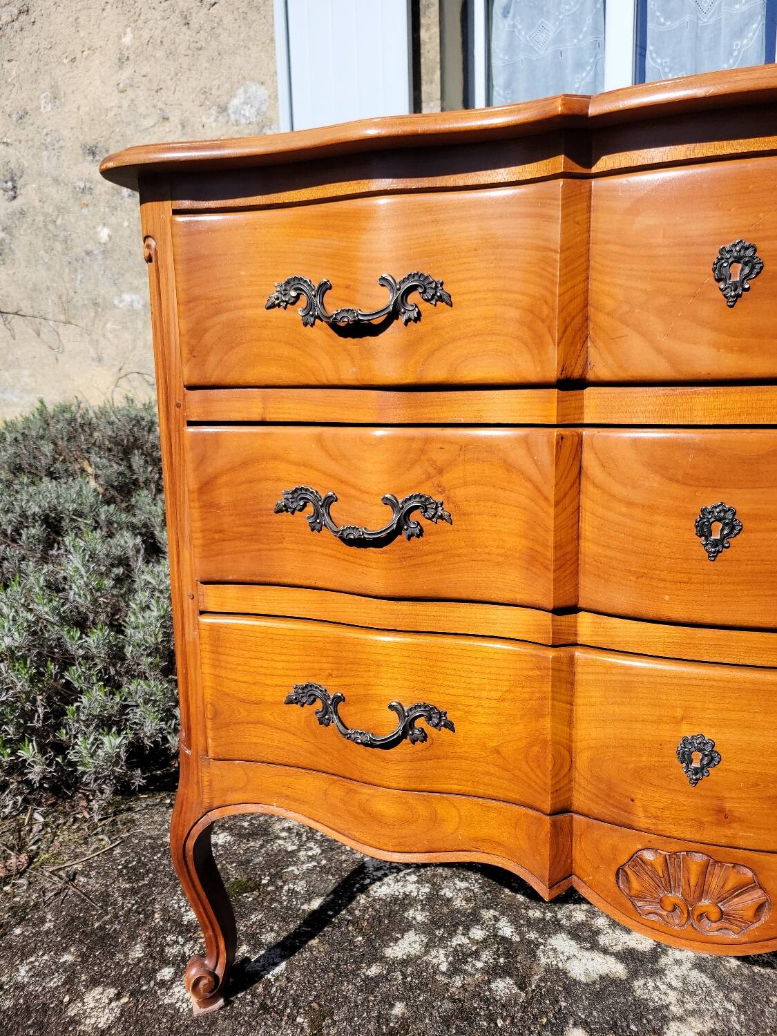 Louis XV style crossbow commode in cherry wood