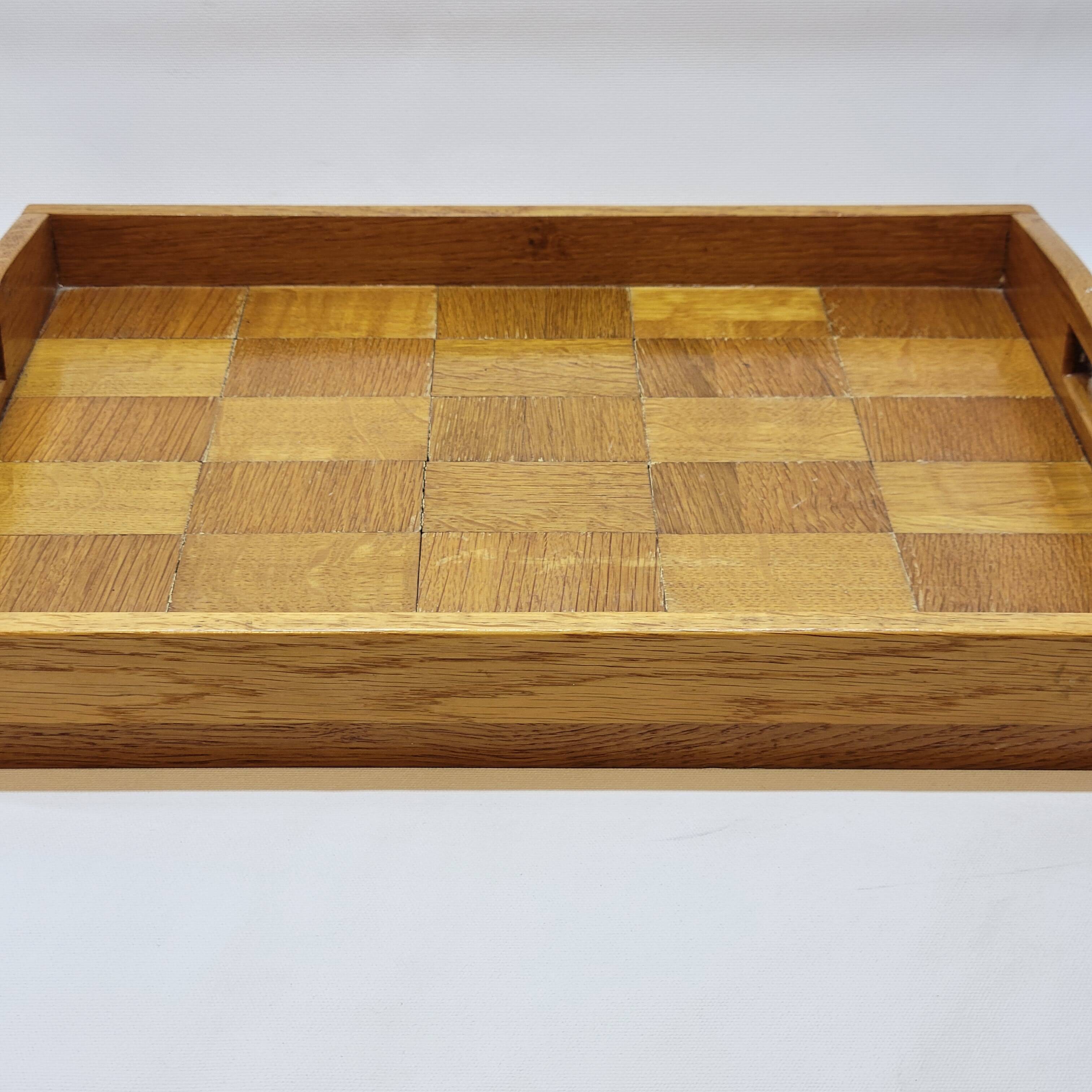 Vintage scandinavian serving tray in marquetry wood