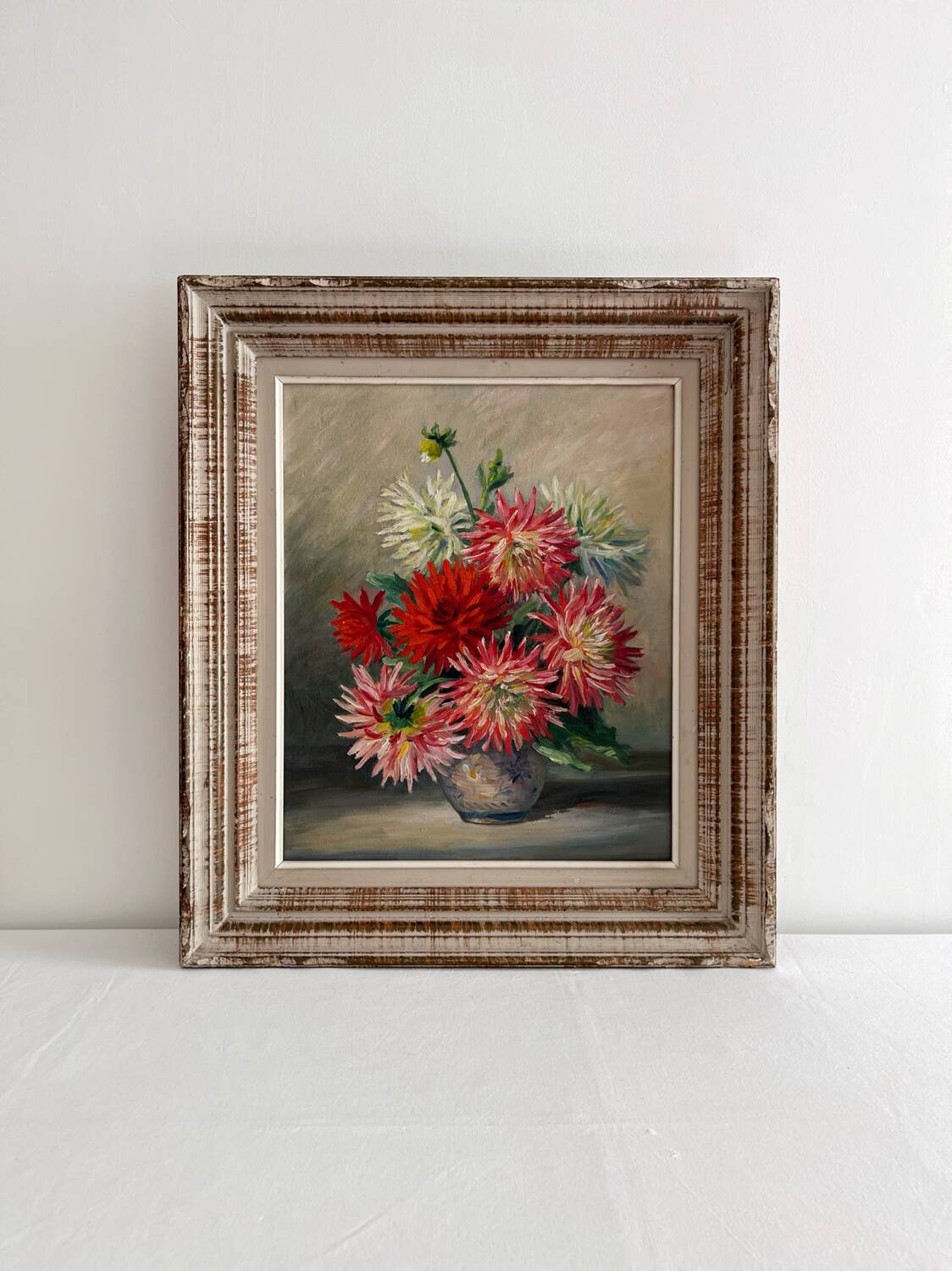 Peinture ancienne tableau huile sur toile fleurs dahlias 