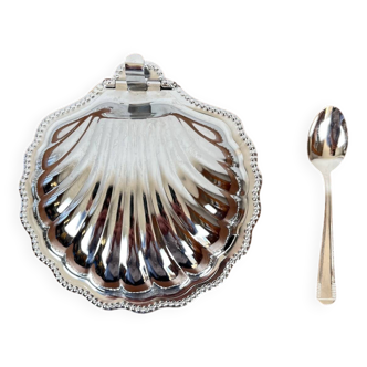 Silver-plated metal shell butter dish with blue insert, 1970