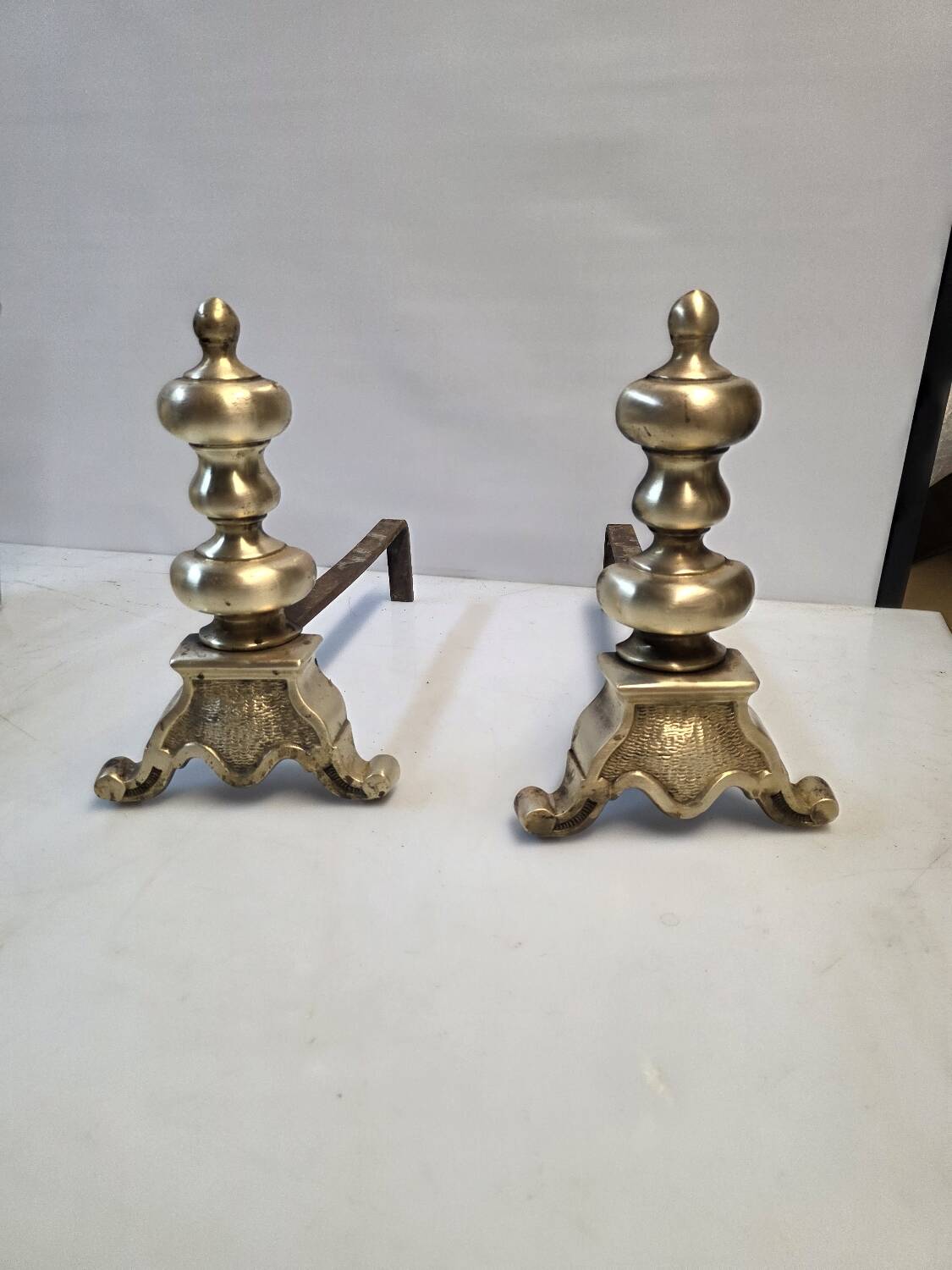 Pair of antique brass andirons, Louis XV style