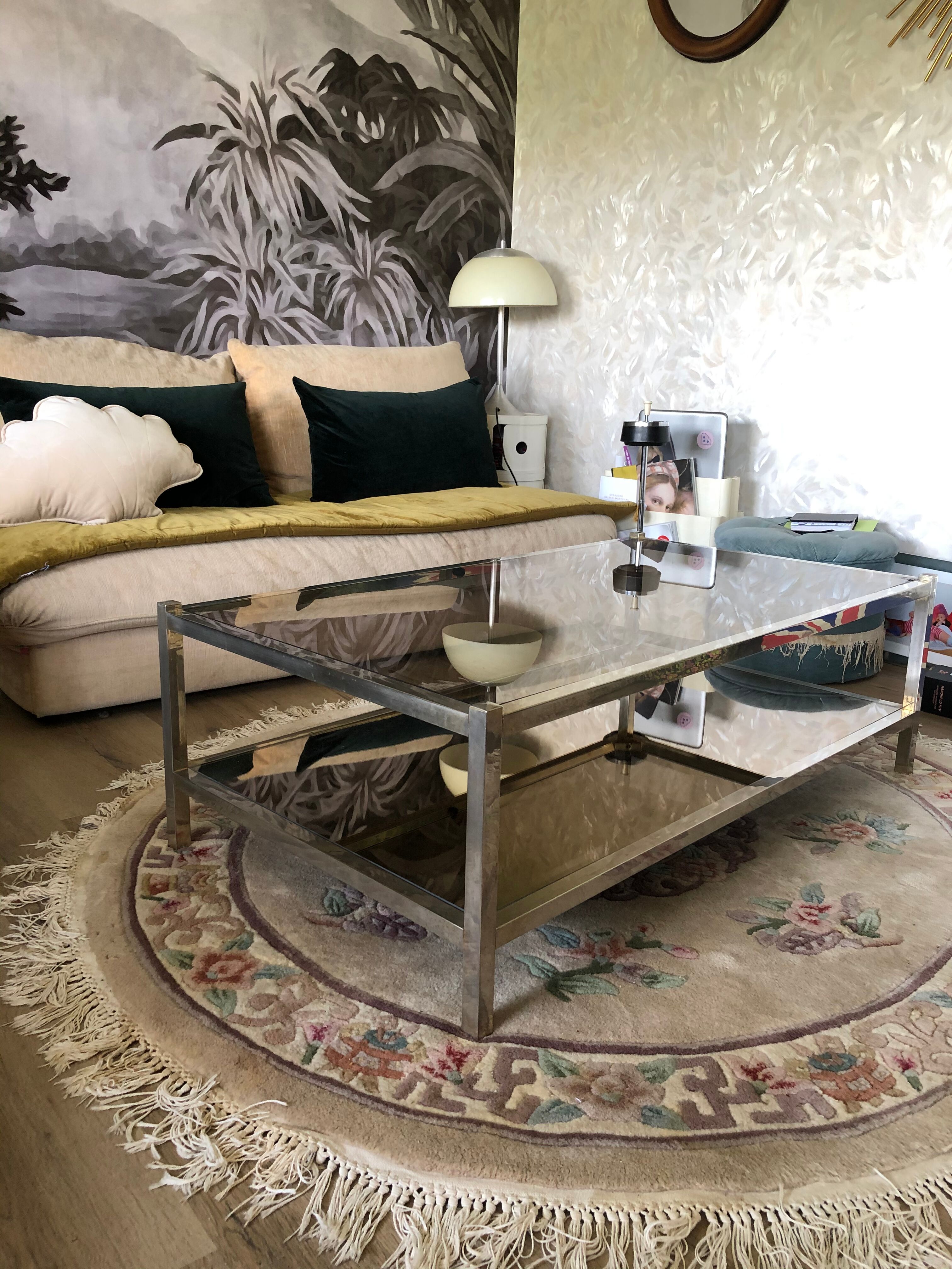 Coffee table 70s metal and smoked glass