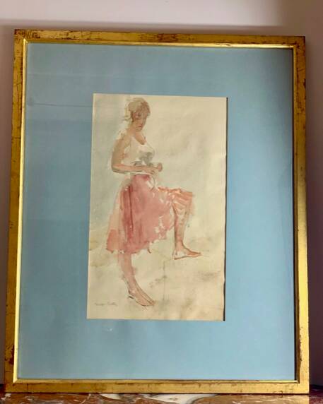Elegant watercolor on paper depicting a young woman, signed George Bulter