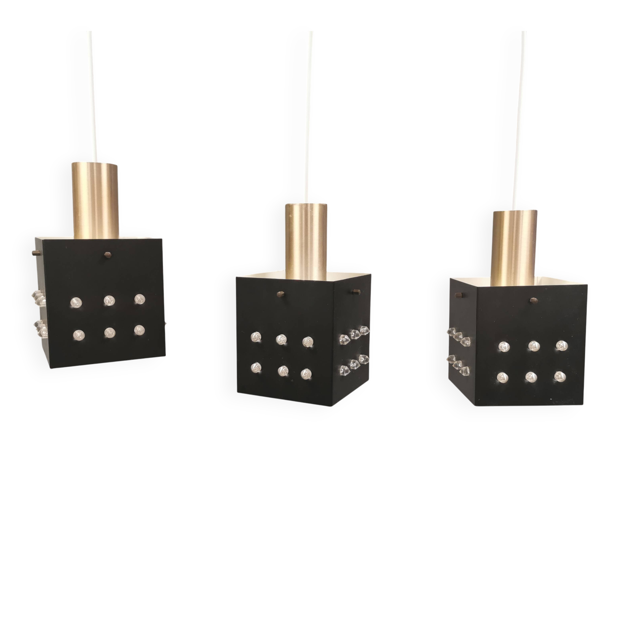 Three older square pendant lamps in Space-Age style, Denmark 1980s