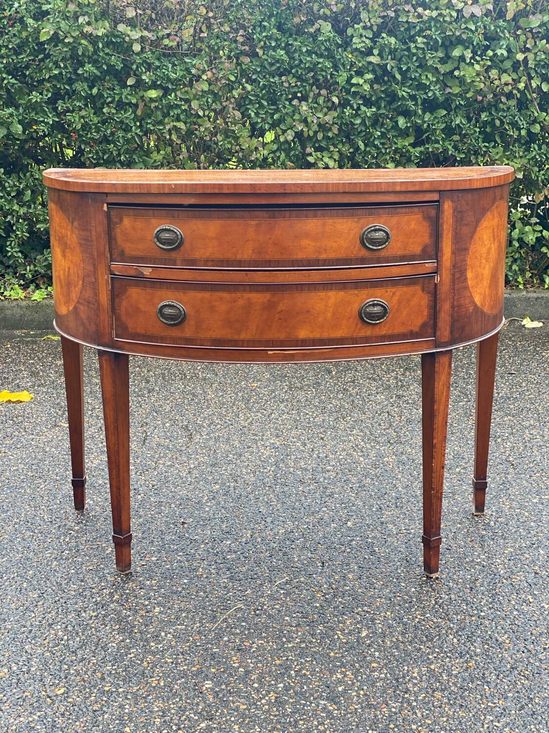 Commode console demi lune vintage bois et marqueterie Louis XVI