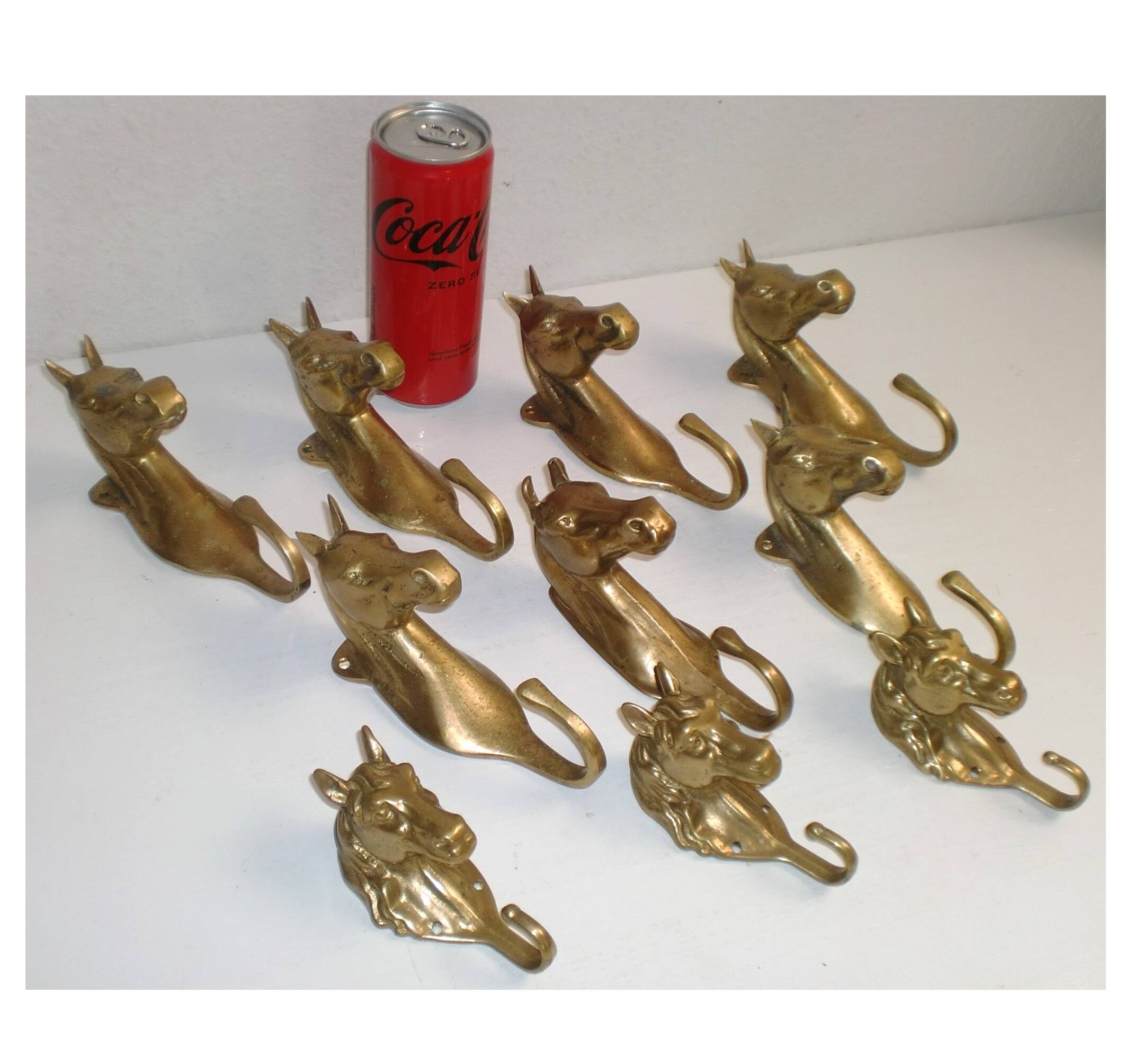 Set of 10 heavy brass horse coat rack wall hooks