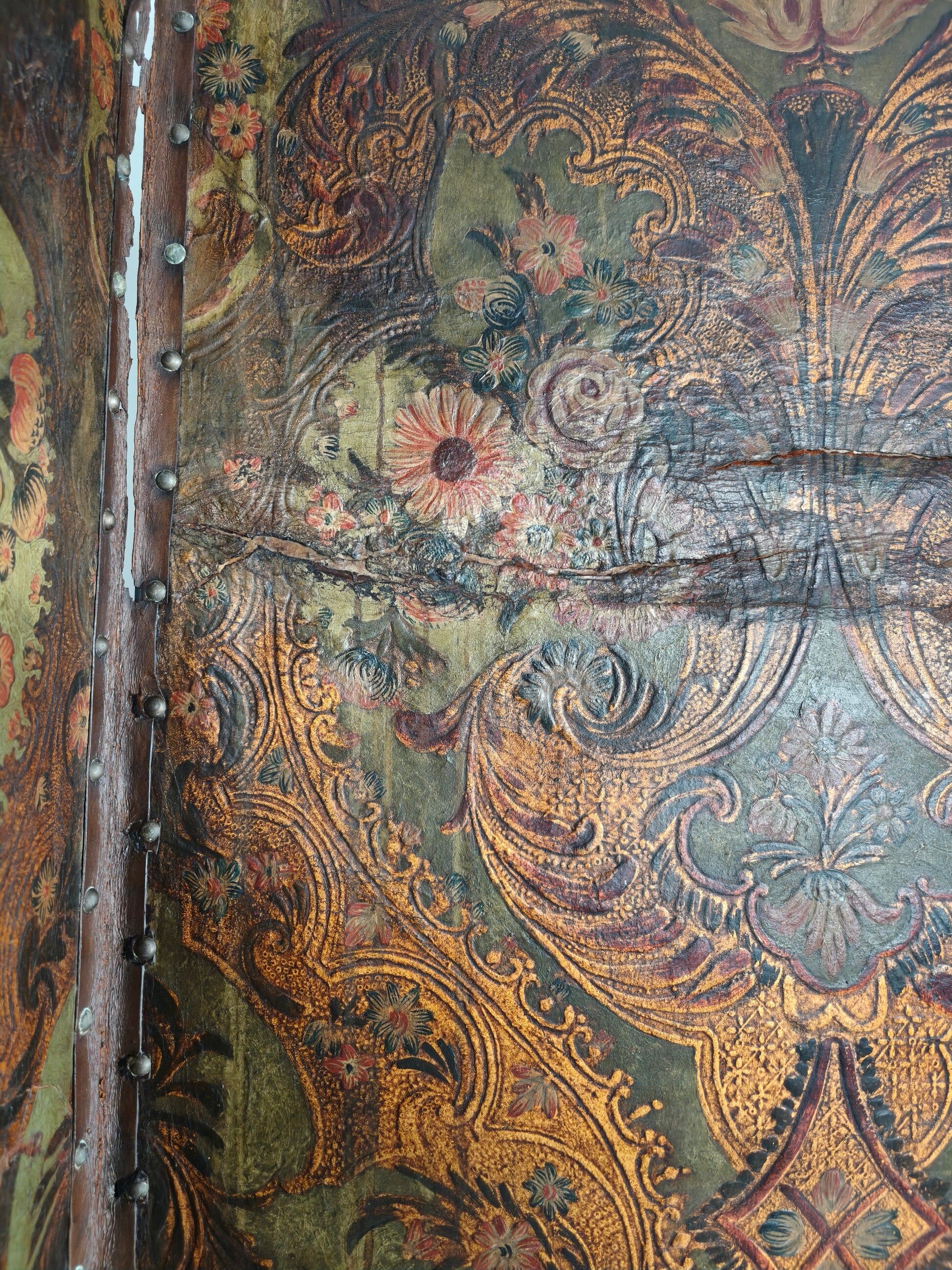 Late 18th-century Belgian embossed leather folding screen – after Daniel Marot