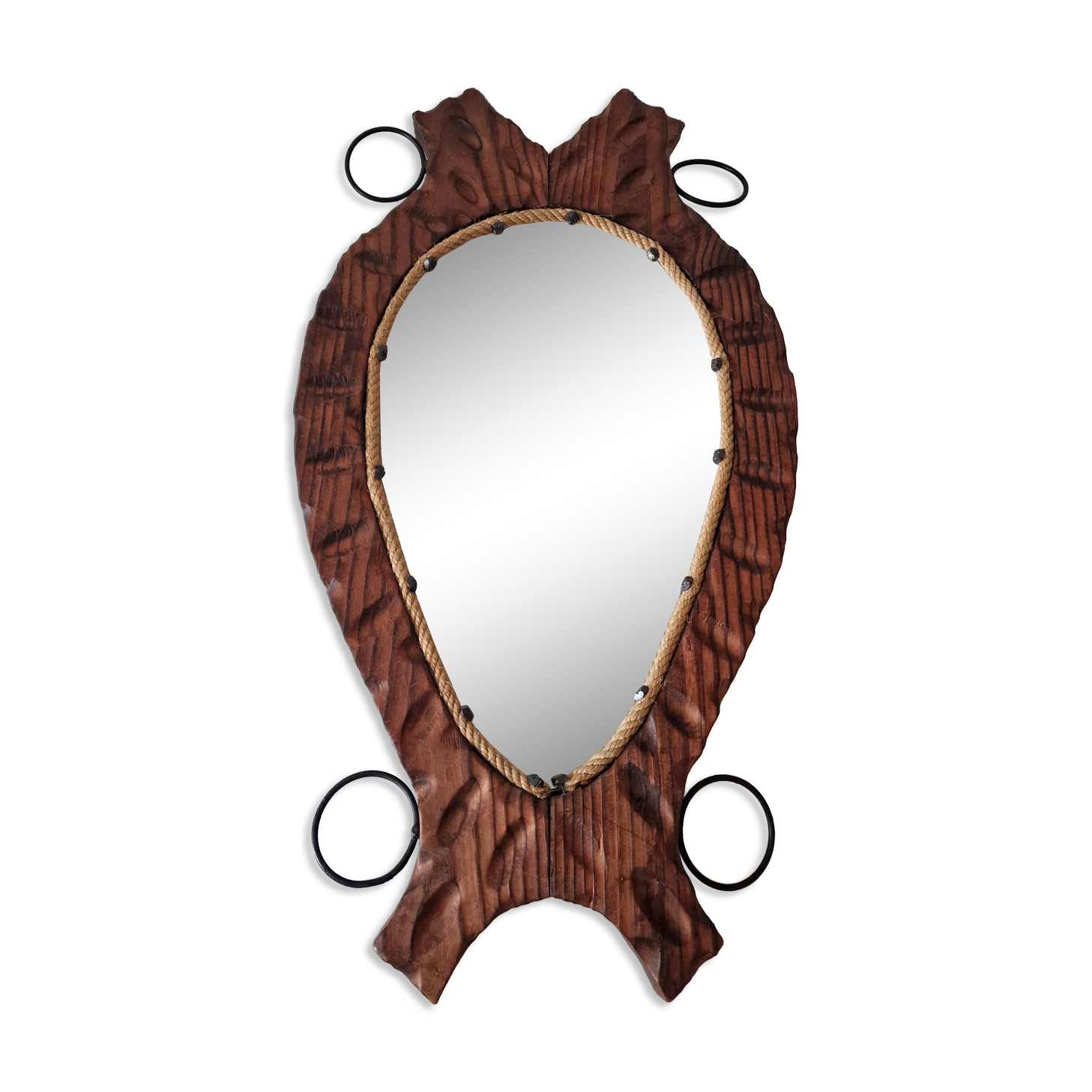 Brutalist mirror in wood and rope, free form.