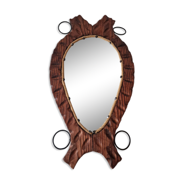 Miroir brutaliste de forme libre en bois et corde