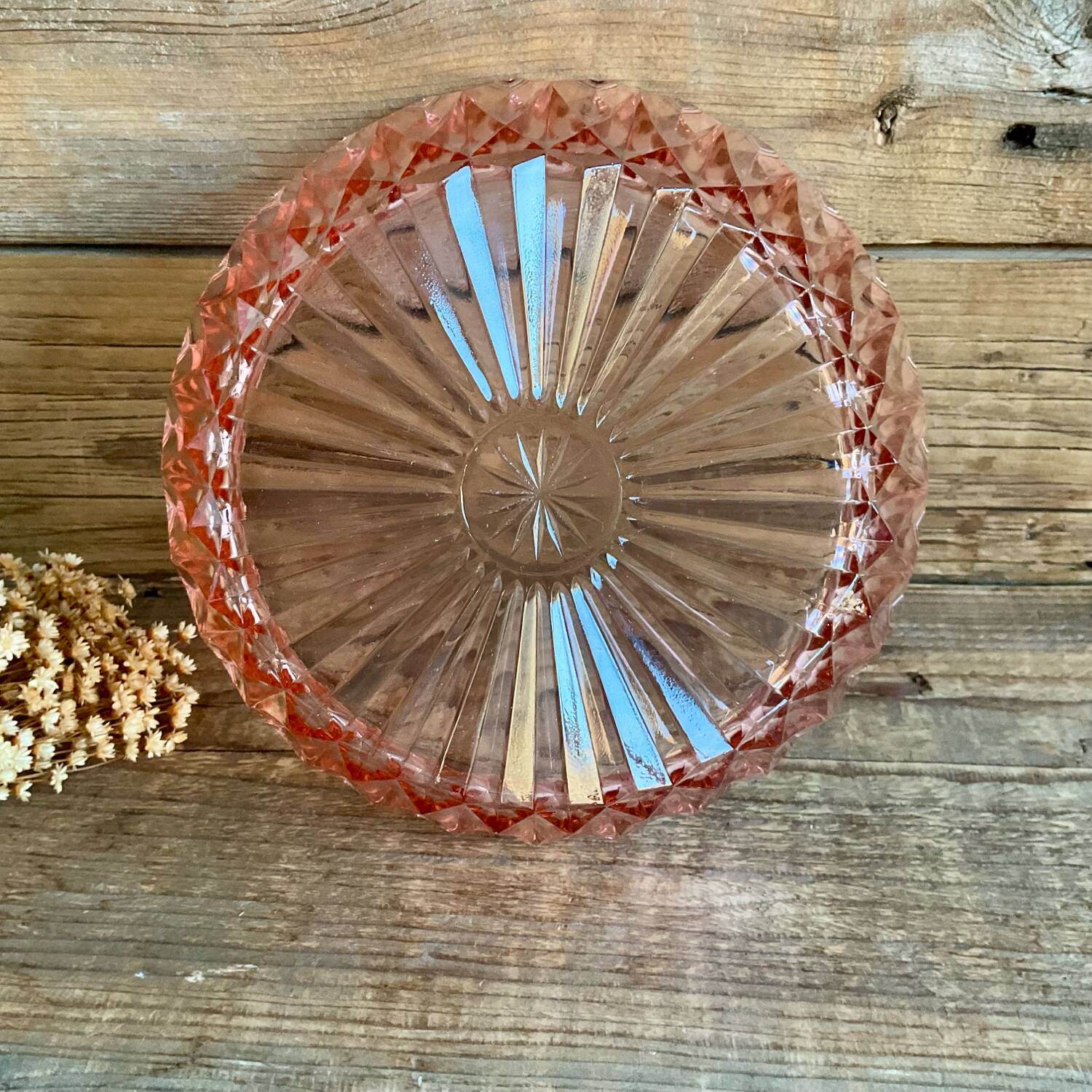 Cut glass salad bowl in pink glass