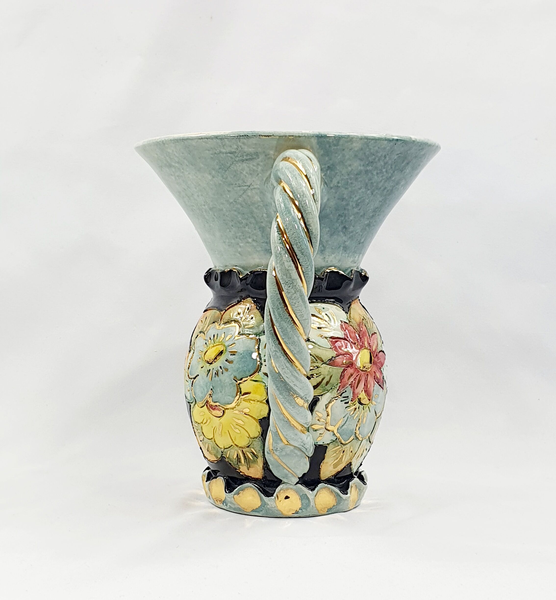 Vase Vallauris années 50 polychrome anses torsadées doré or fin