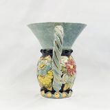 Sumptuous vase Vallauris 50s TBE polychrome twisted handles gilded gold fine gold