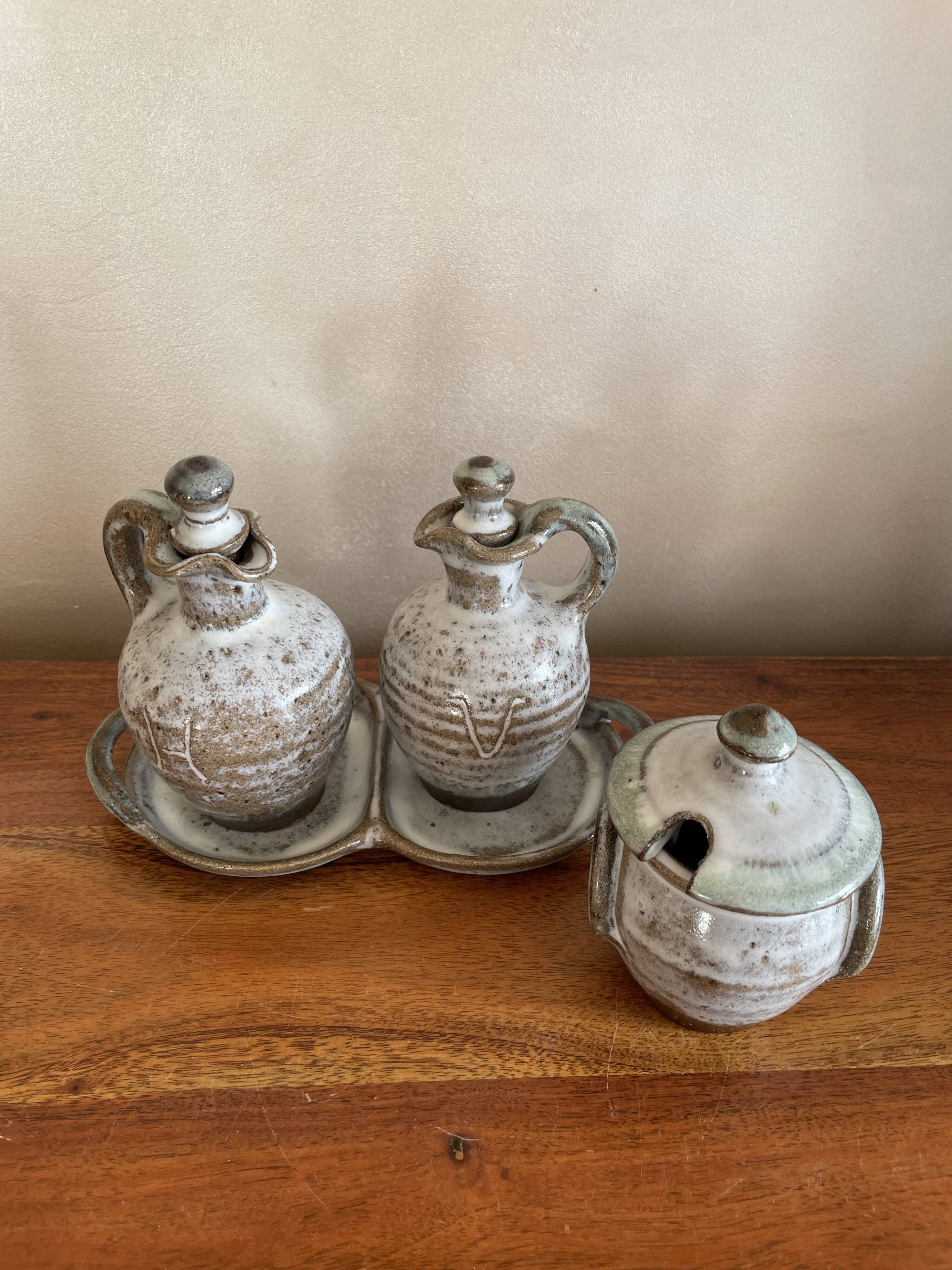 Salt, pepper, and mustard set in stoneware