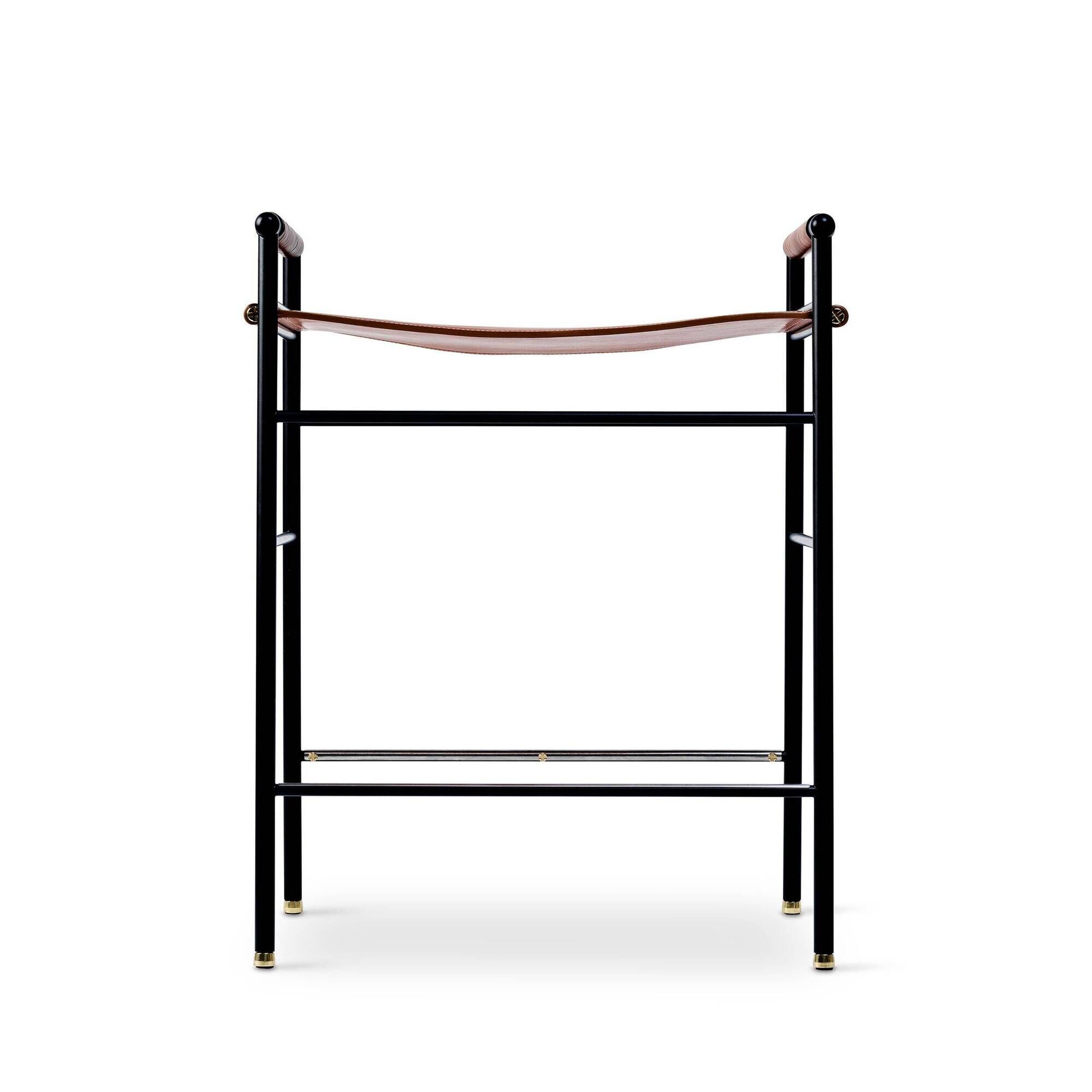 Set of 3 contemporary bar stools in natural brown leather and black rubber.