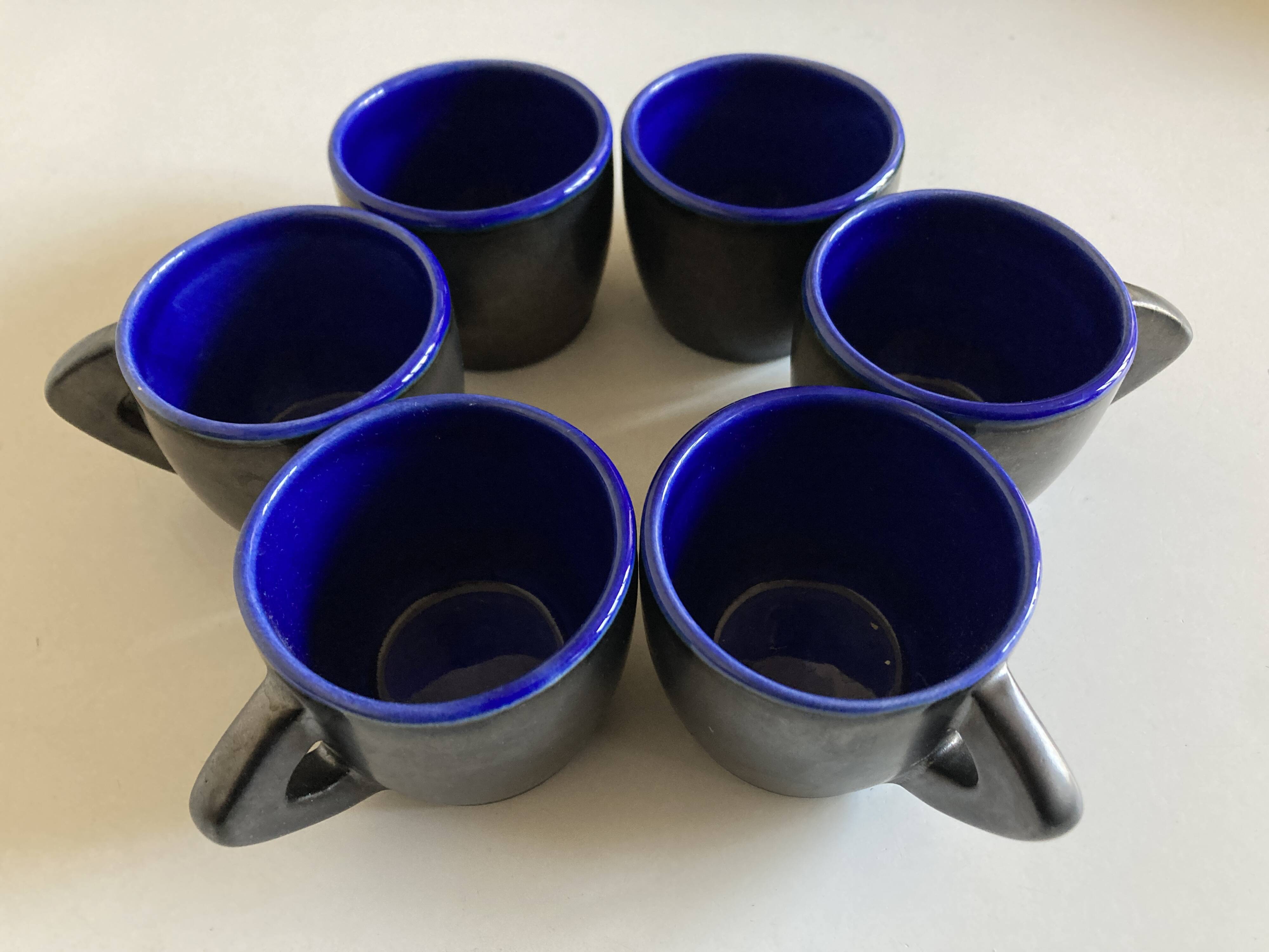 Set of 6 mid-century pottery mugs in glazed earthenware, 1960.