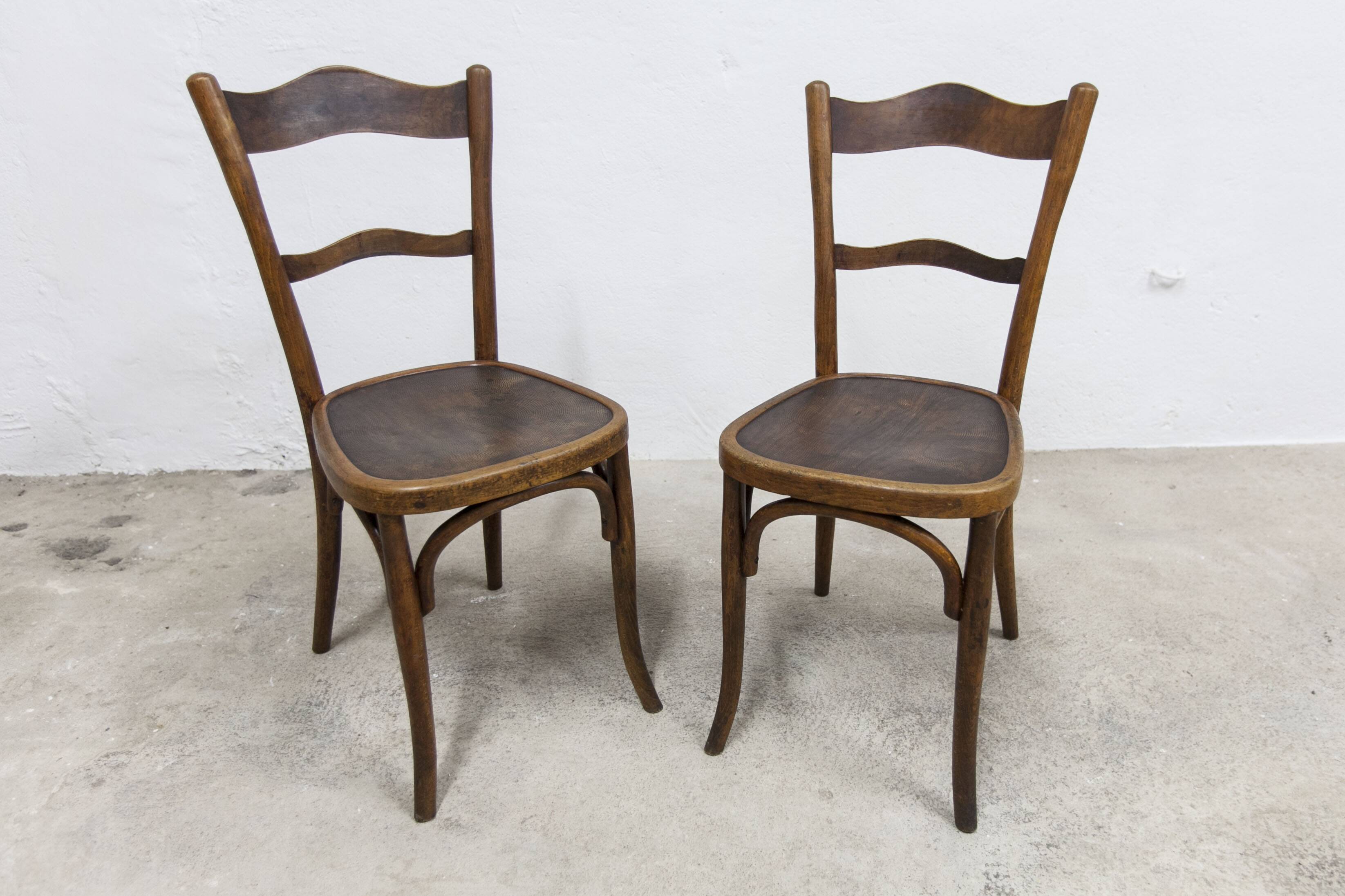 Pair of Baumann Bistrot chairs from the 1920s with pyrography seat