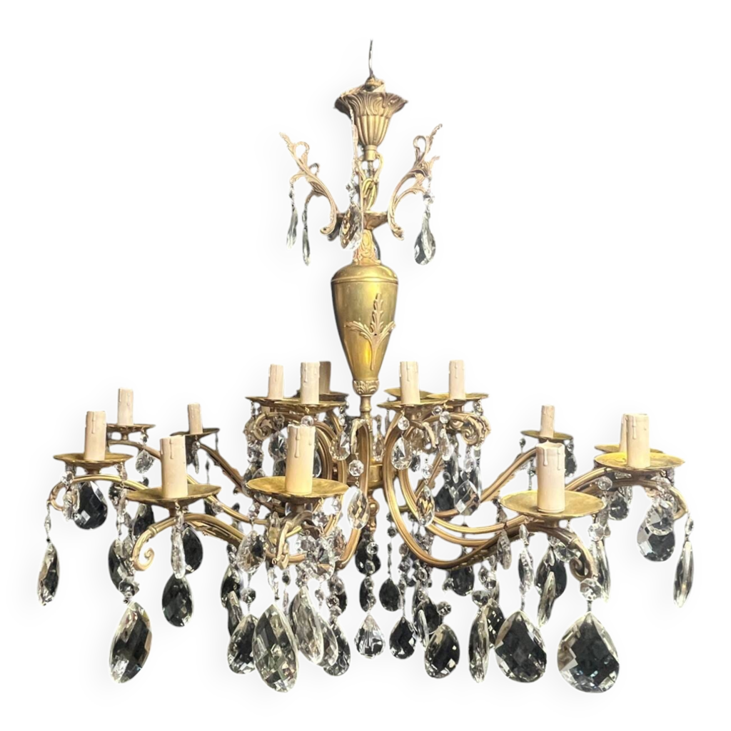 Lustre Napoléon III bronze laiton cristal 18 feux fin XIXème | Selency