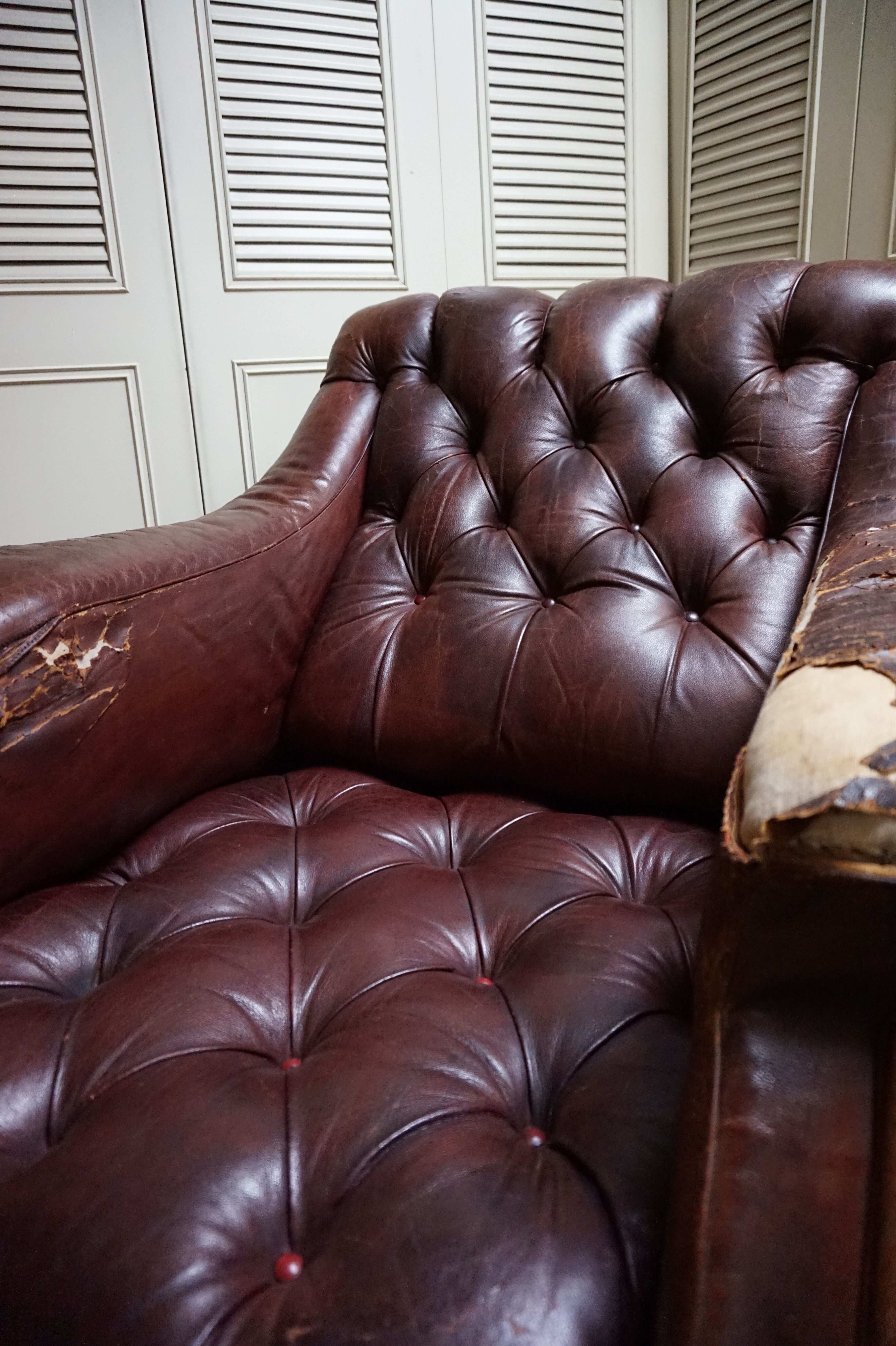 Worn Leather Buttoned Library Fireside Armchair, 1840's