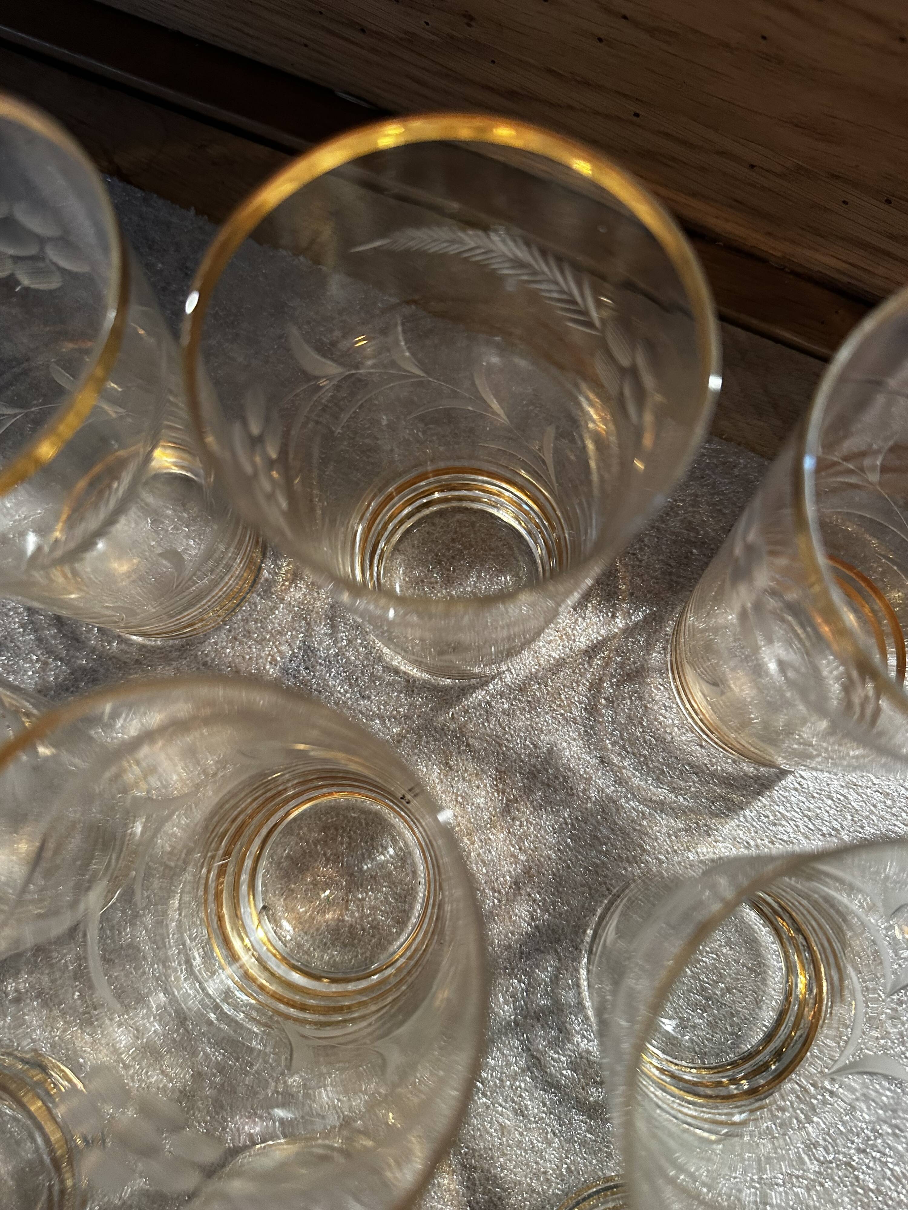 9 art-deco glasses in engraved crystal with gold trim