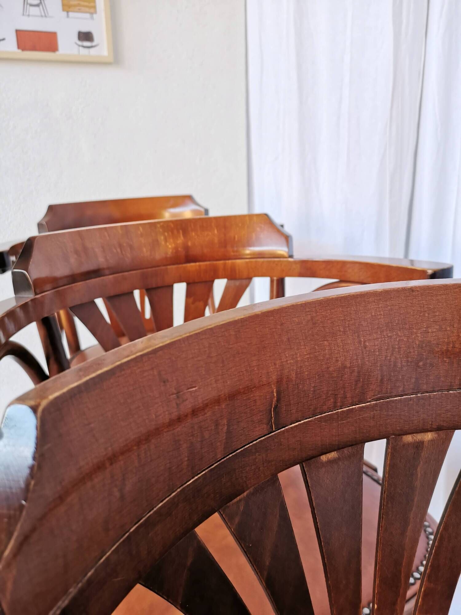 Set of 4 Vintage Bentwood Bar Stools, Brown Leather Seat, Nailhead Trim