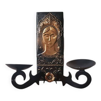 Russian Folk copper wall hanging double candle holder Vasilisa, 1981