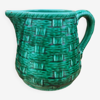 French vintage green Majolica pitcher, Digoin Sarreguemines