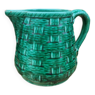 French vintage green Majolica pitcher, Digoin Sarreguemines