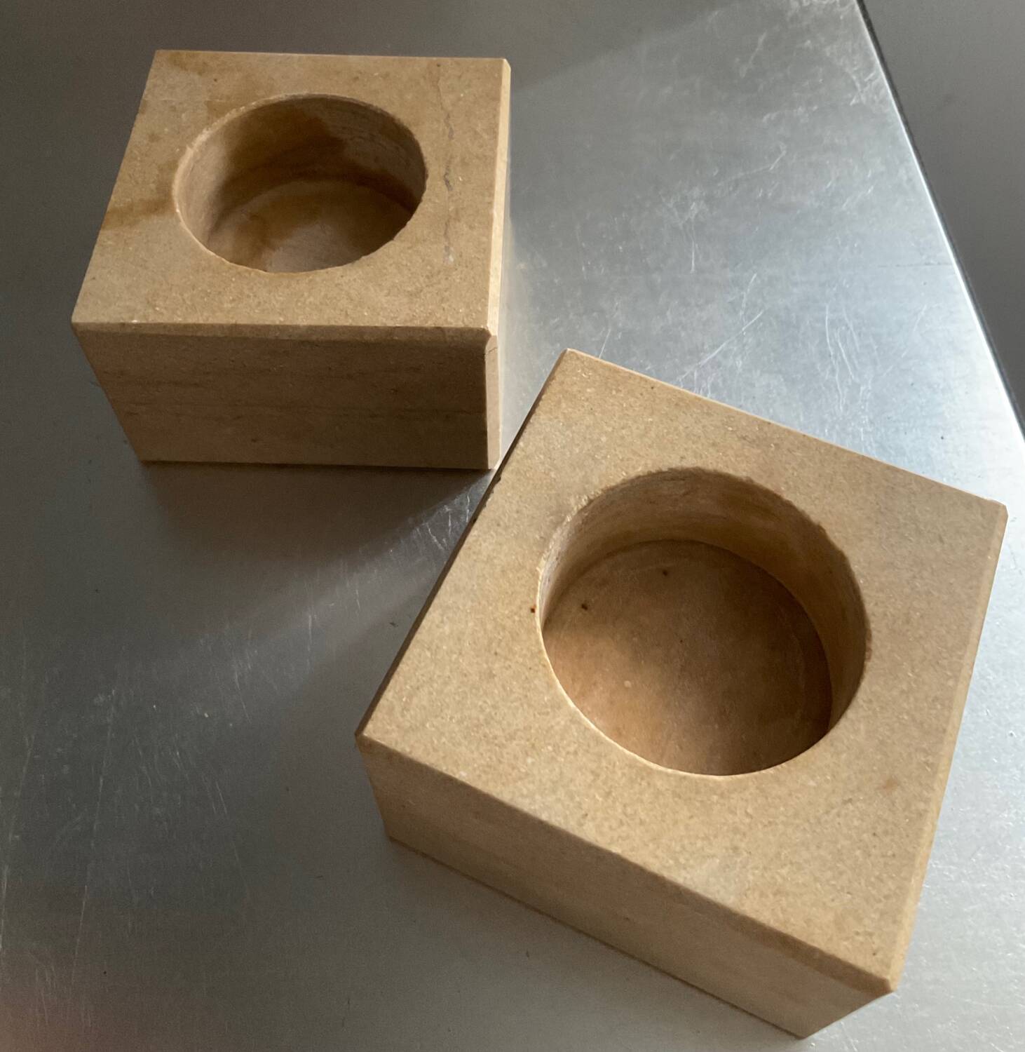 Pair of vintage travertine cube candlesticks from the 70s