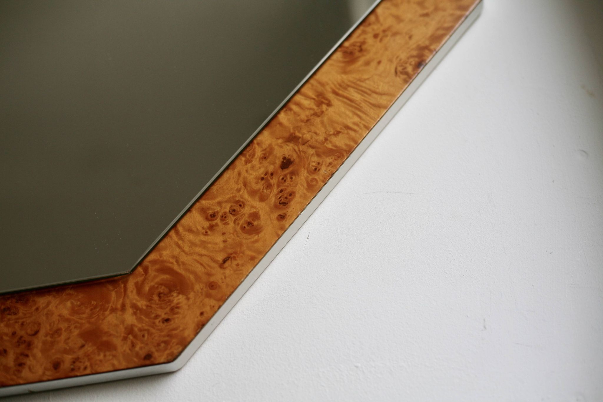 70s mirror, burl wood, metal frame