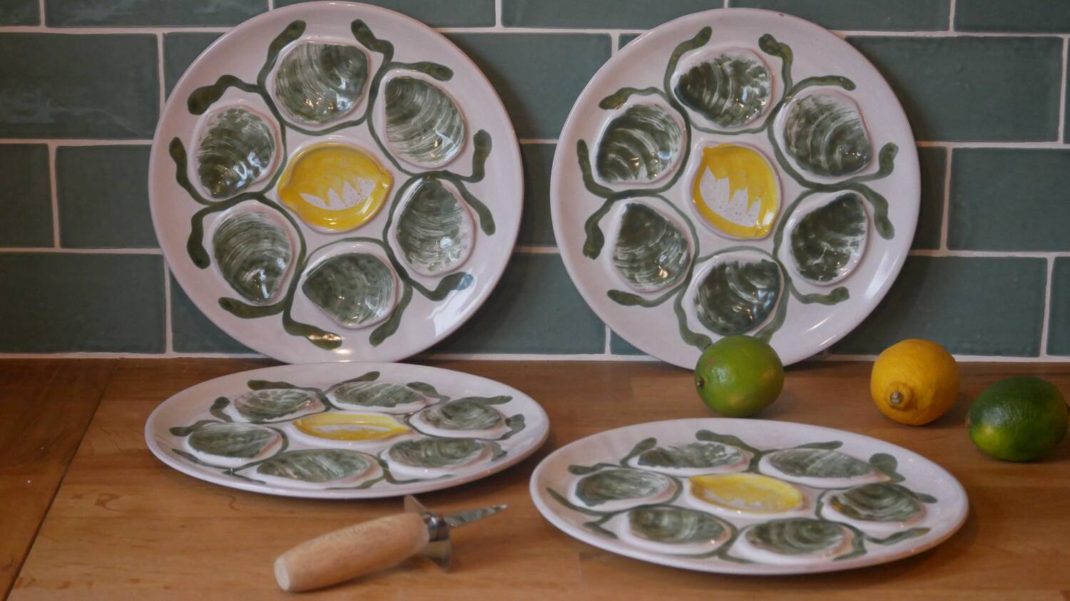 Set of 4 Belon earthenware oyster plates – 25 cm – yellow & green