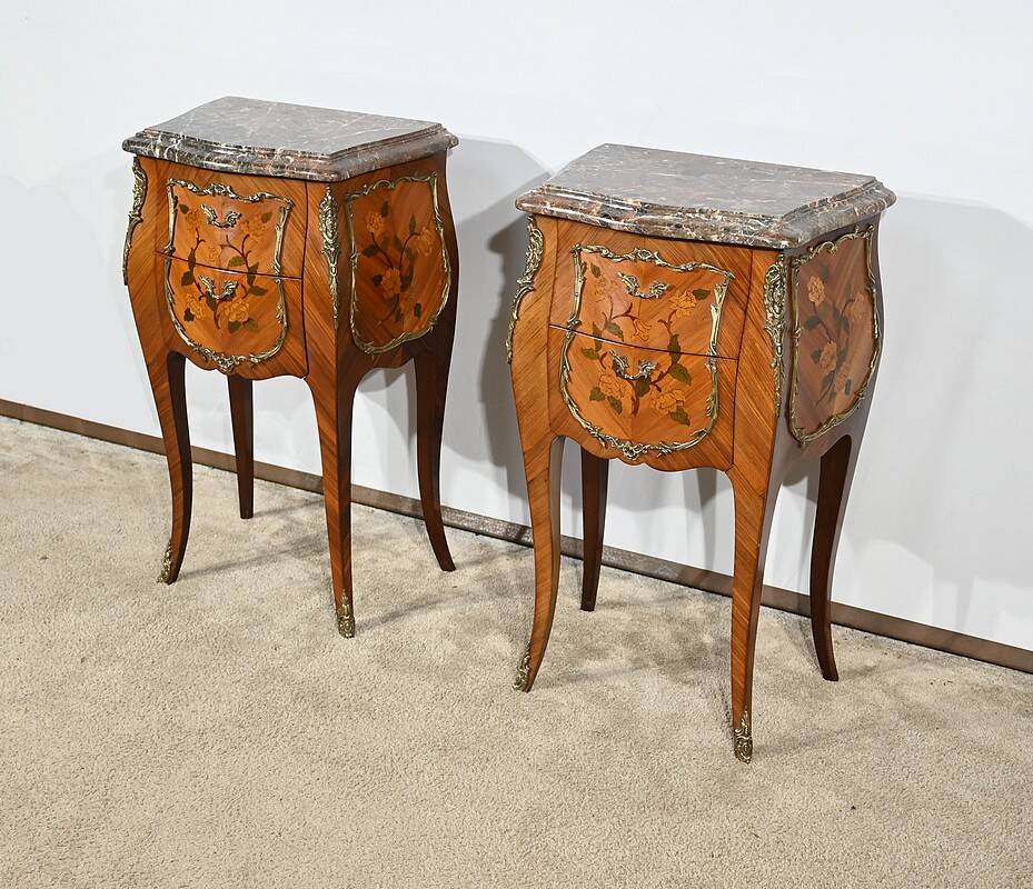 Pair of Bedside Tables in Rosewood and Marquetry, Louis XV style – Mid 20th century
