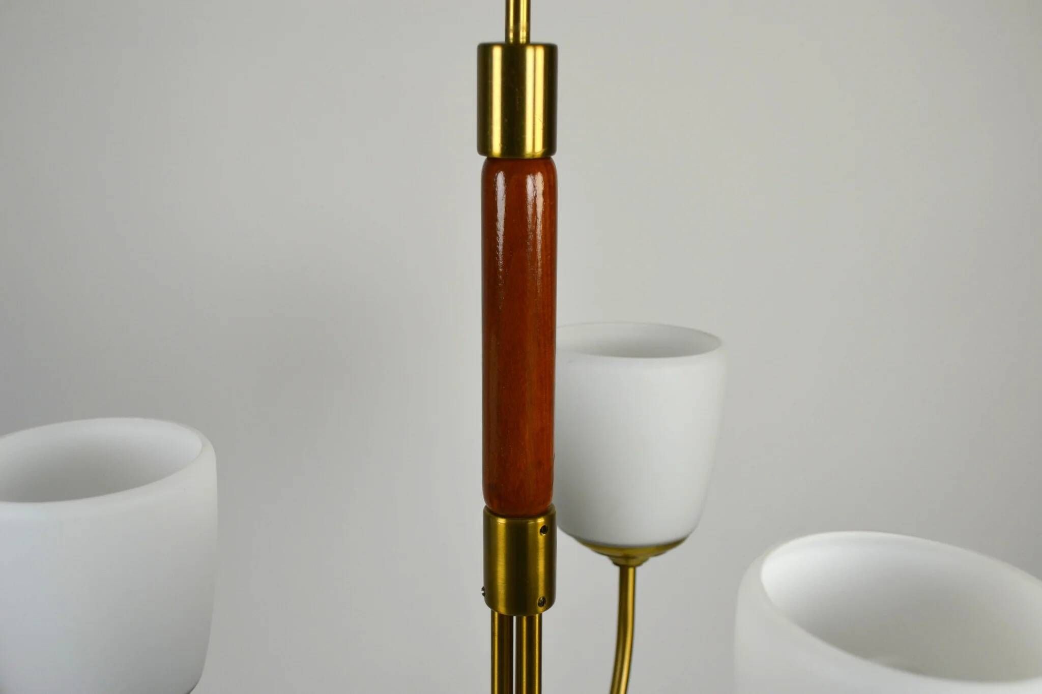 Scandinavian Modern Three-Light Pendant in Brass, Teak and Opaline Glass, 1960s