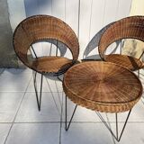 Ensemble 2 fauteuils et table basse en osier Raoul Guy 1950
