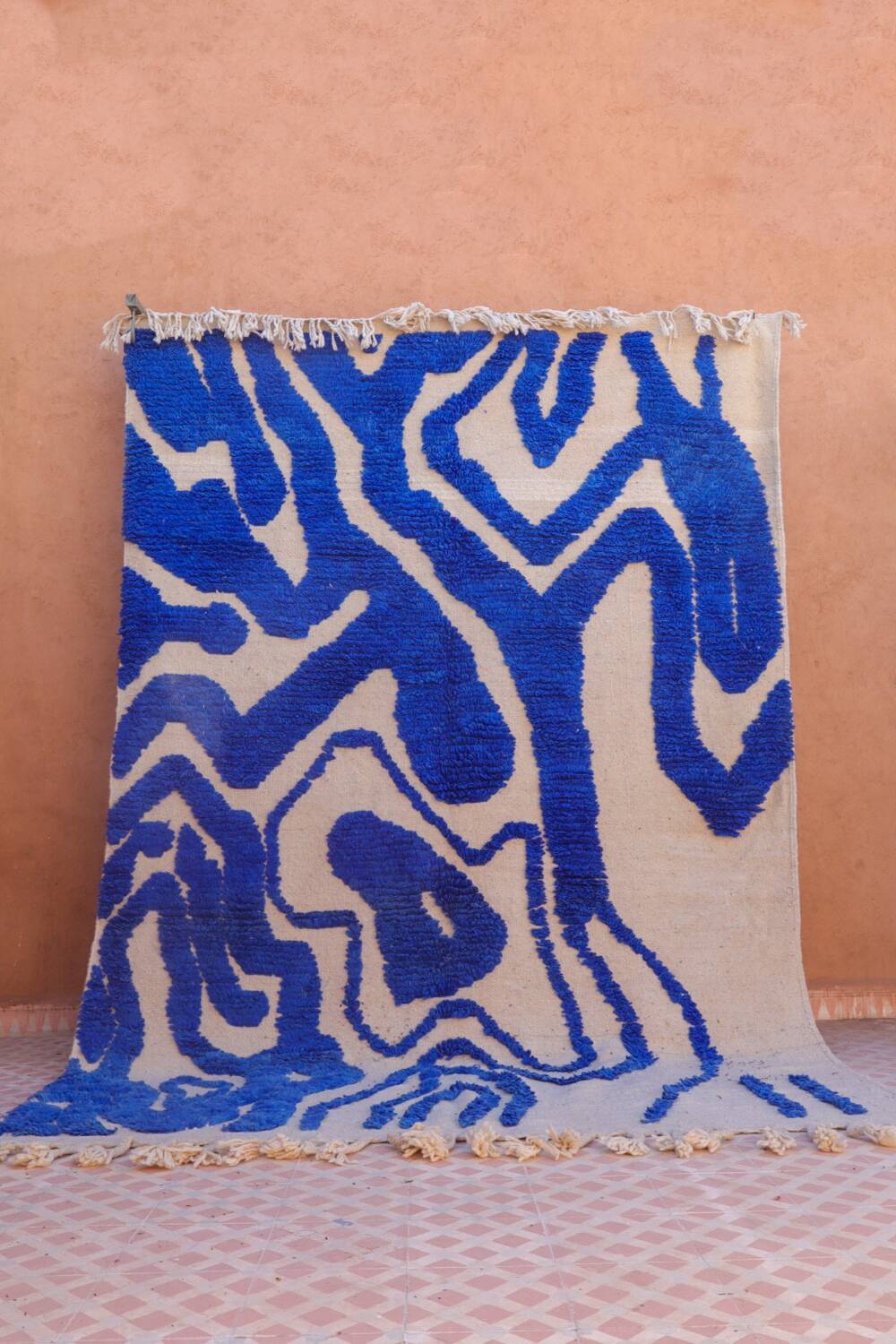 Klein blue and white Berber rug with abstract relief