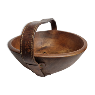 Round basket in masif wood and saddle leather, 39 cm