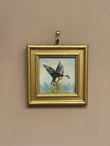 Mid-Century Oil on Panel – “ Birds” by Unknown, Vintage & Framed 11 × 11 cm