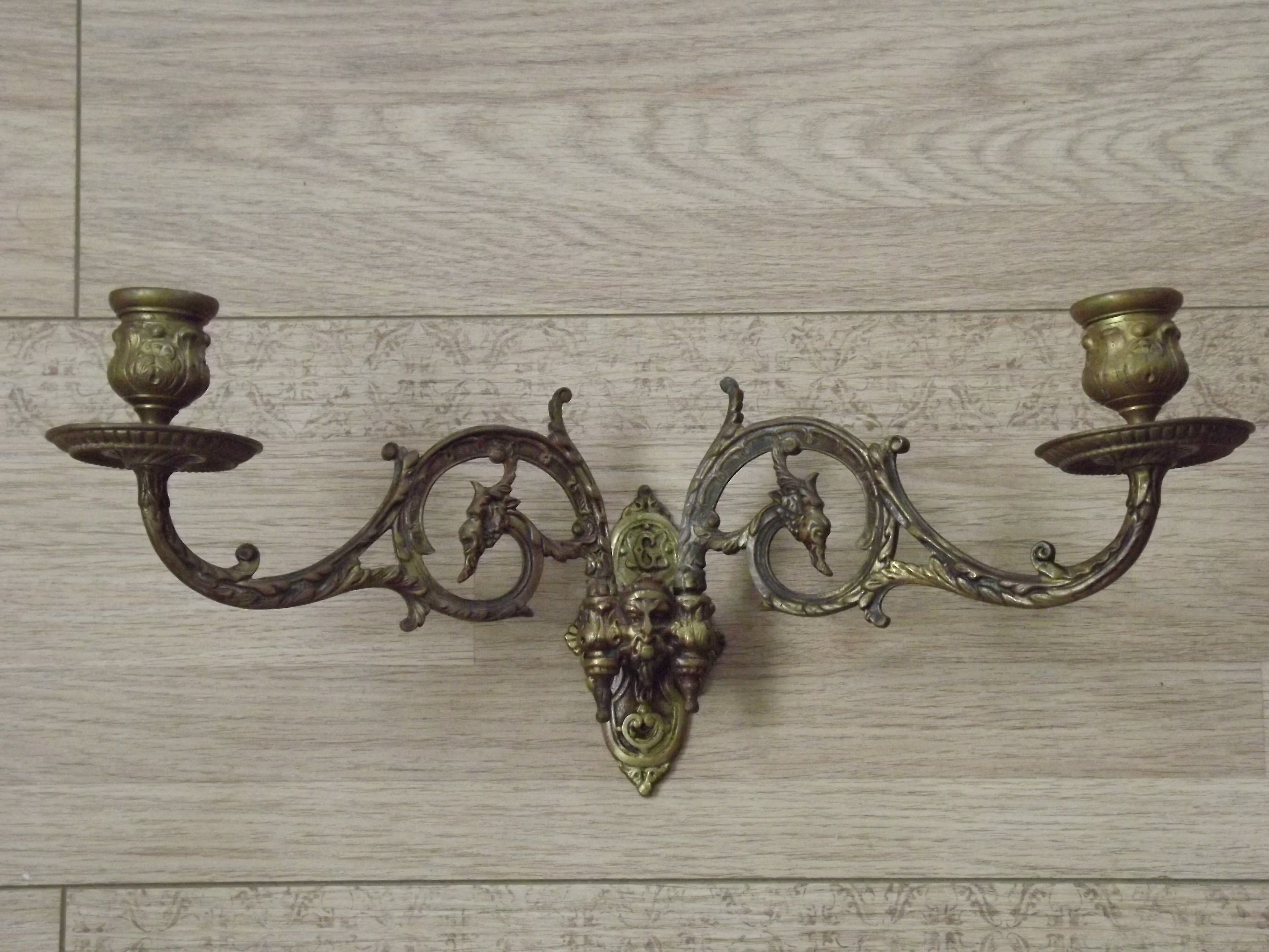 Antique French Gothic Dragon Bronze Double Piano Sconce Signed L. Pinet