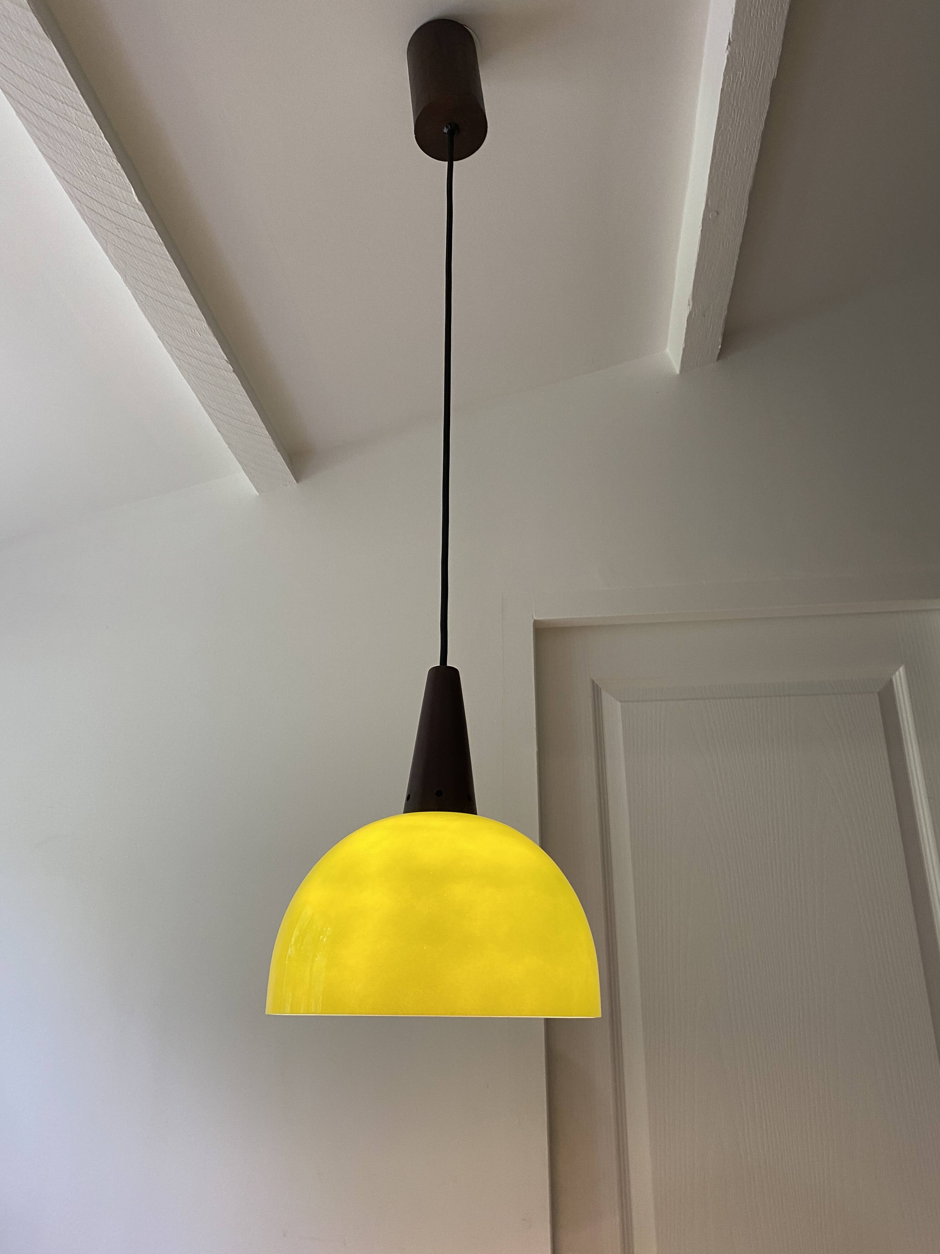 Vintage half globe pendant light in green opaline, imitation teak elements, 50s/60s