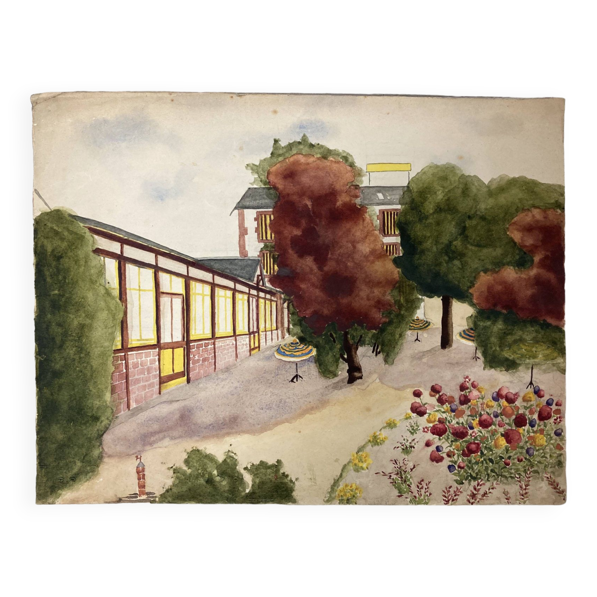 Watercolor landscape with parasols