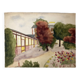 Watercolor landscape with parasols