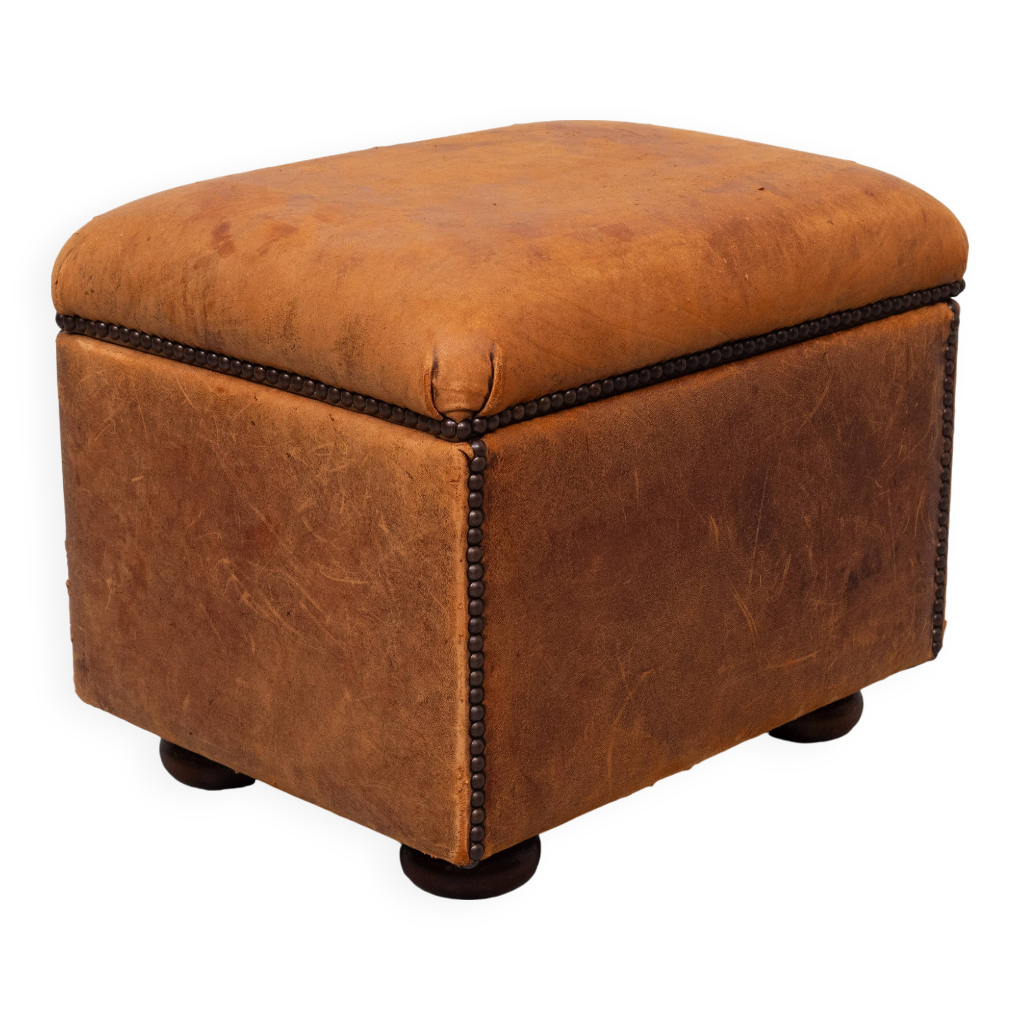 Sheepskin Leather pouf or Ottoman with storage 1970s