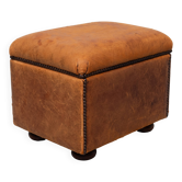 Sheepskin Leather pouf or Ottoman with storage 1970s